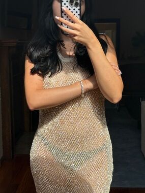 Diotima Sheer Metallic Knit Tank Dress - Champagne